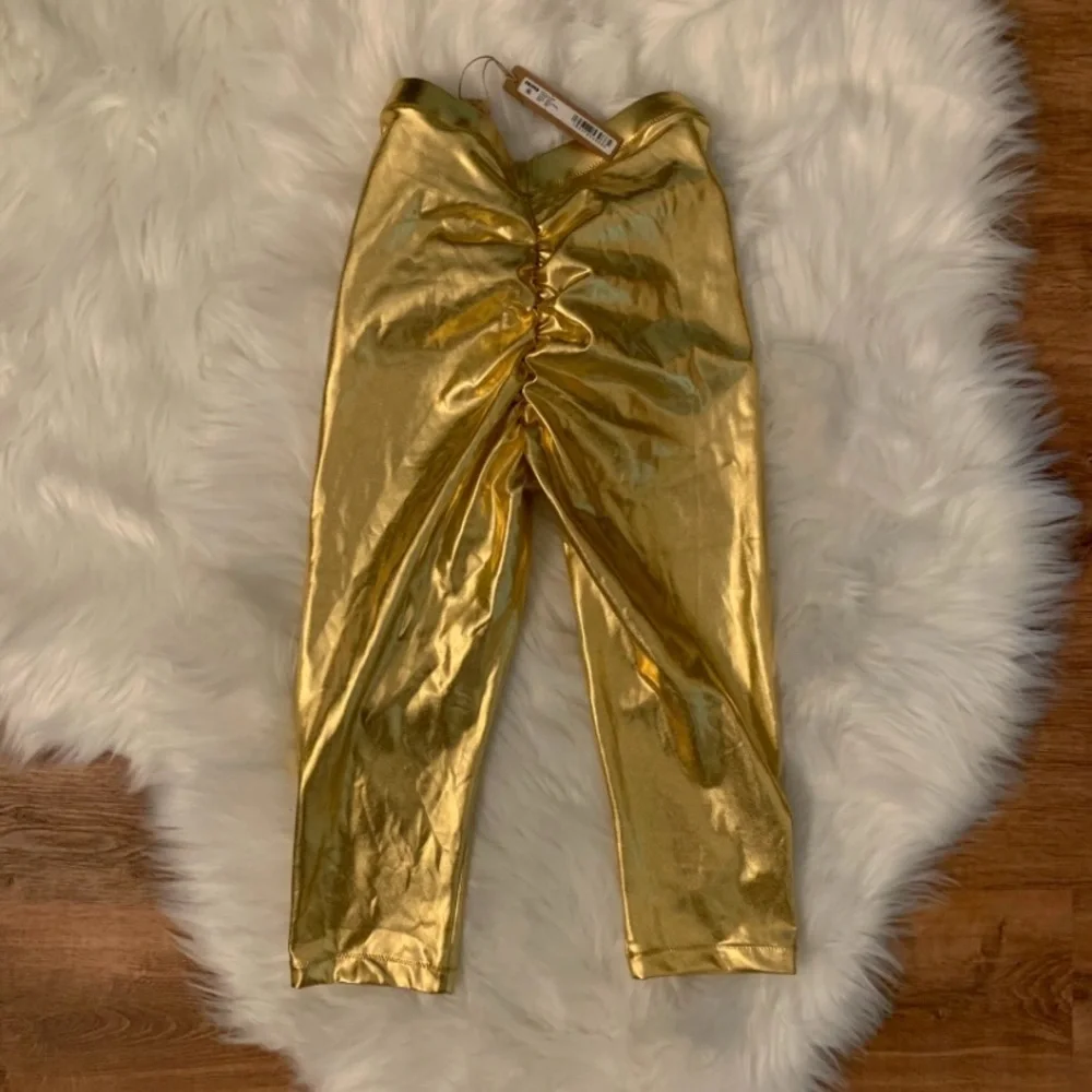 SKIMS NWT Swim Metallic V-Waist Pant Crop XXS Gold Scrunch Butt Ruching